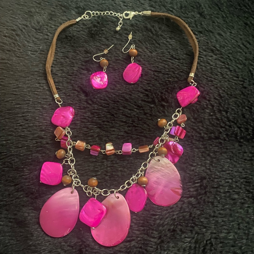 Spring Goddess Pink Double necklace With matching Earrings